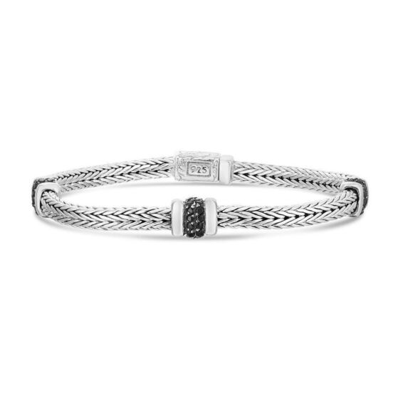 Sterling Silver 7" Woven Three Station Bracelet with Black Sapphires and Box Cla - Picture 1 of 2